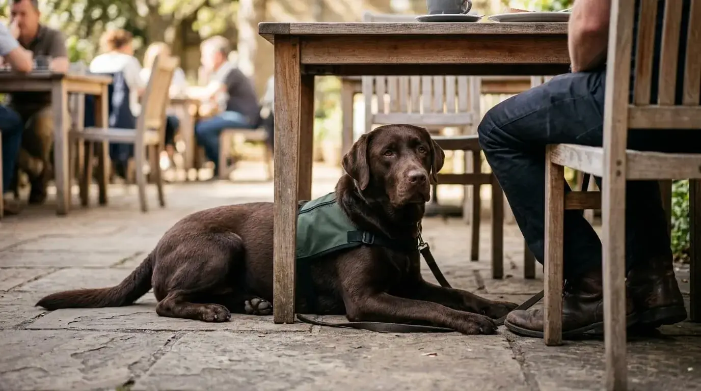 Labrador lying calmly under a cafe table beside its handler's feet