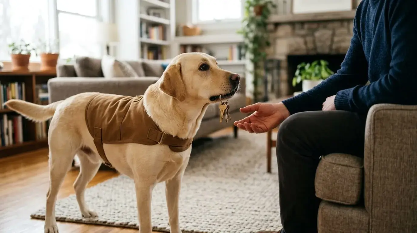 Labrador picking up dropped keys and offering them to a seated handler