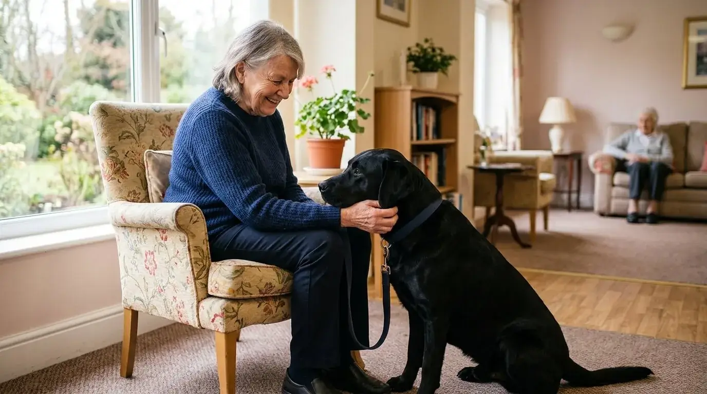 Therapy Labrador visiting a smiling older woman in a bright common room
