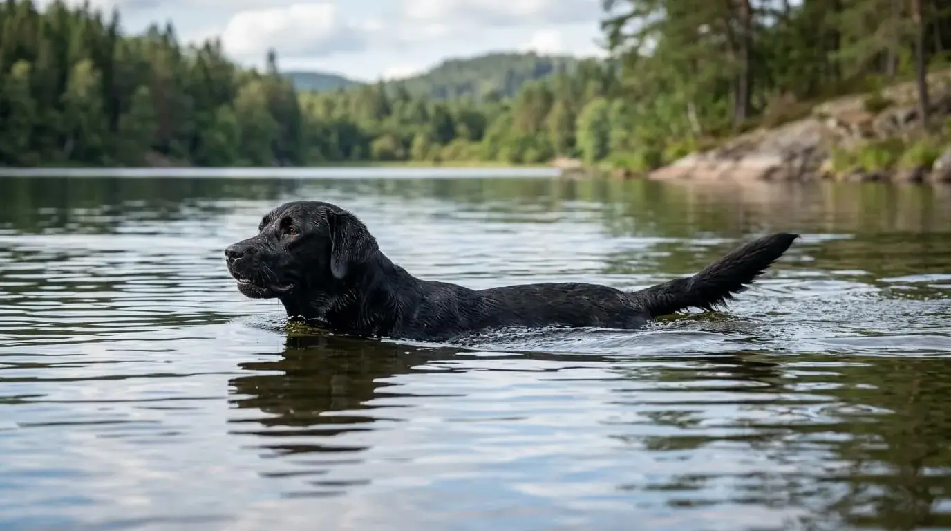 Black Labrador swimming in a calm lake using its tail as a rudder