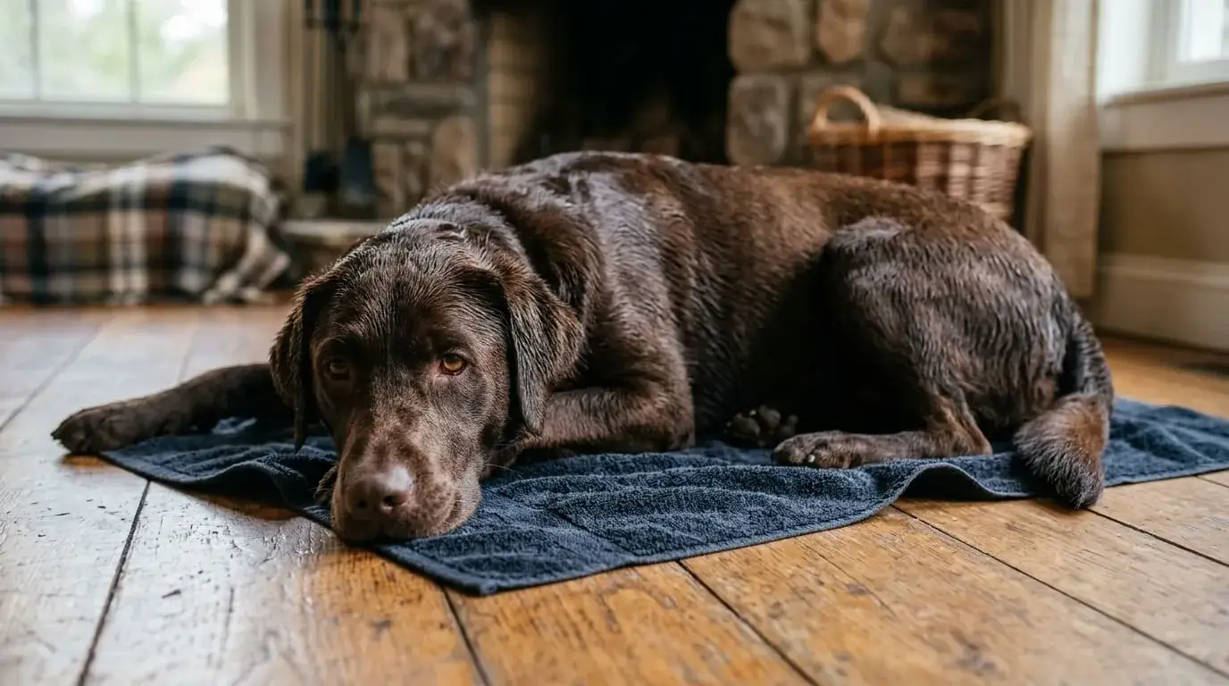 Chocolate Labrador resting on a dry towel indoors after a swim with its tail relaxed
