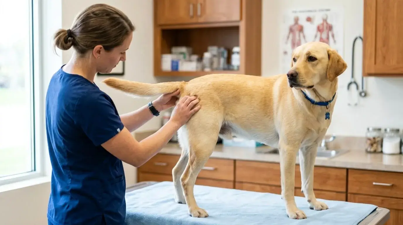 Veterinarian gently examining the base of a yellow Labrador's tail in a clinic