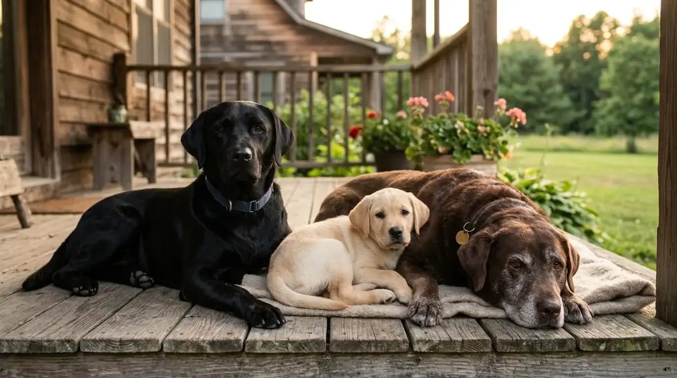 A Labrador puppy, a young adult Lab, and a gray-muzzled senior Lab resting together on a porch