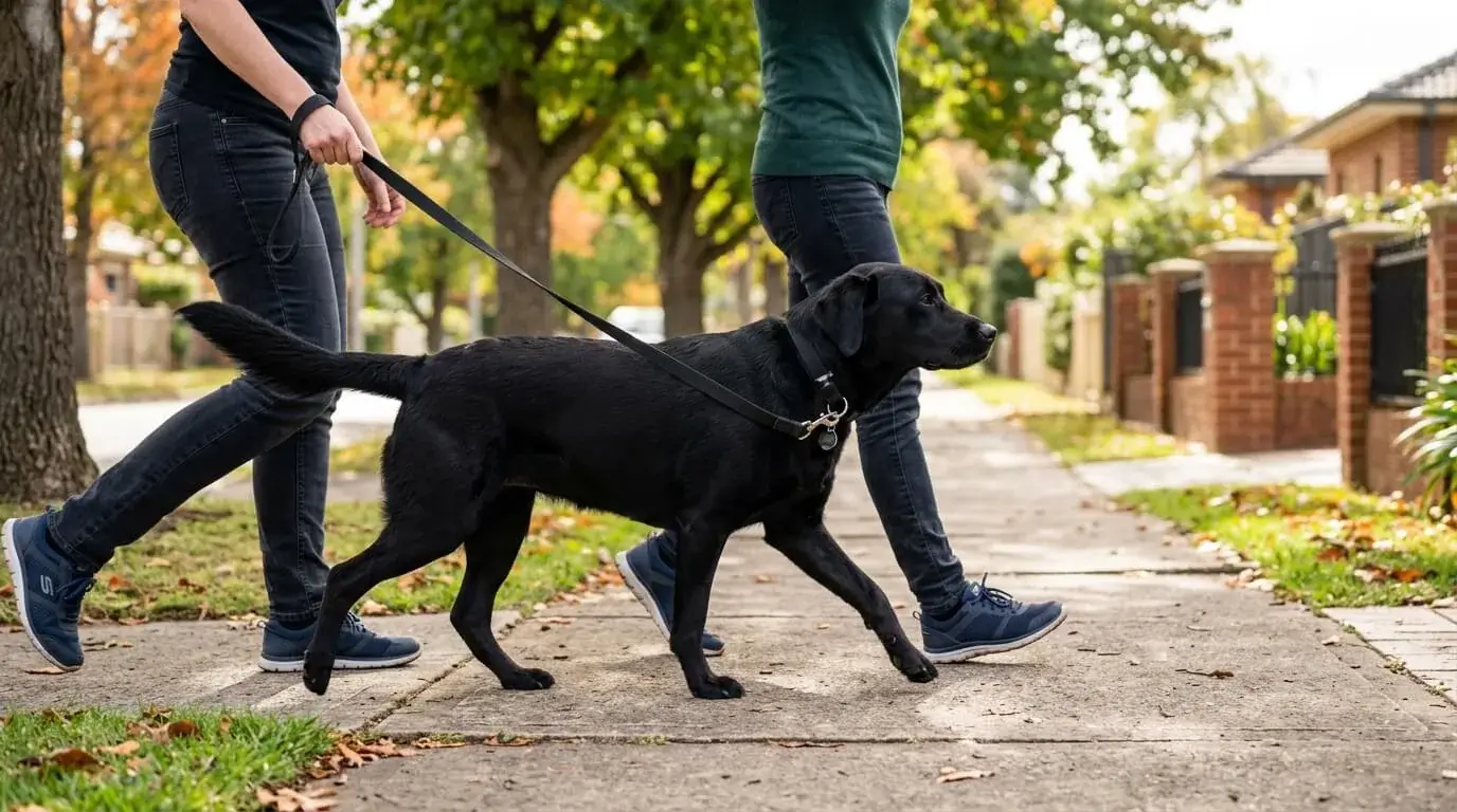 Female Labrador walking on a leash with her owner along a suburban sidewalk