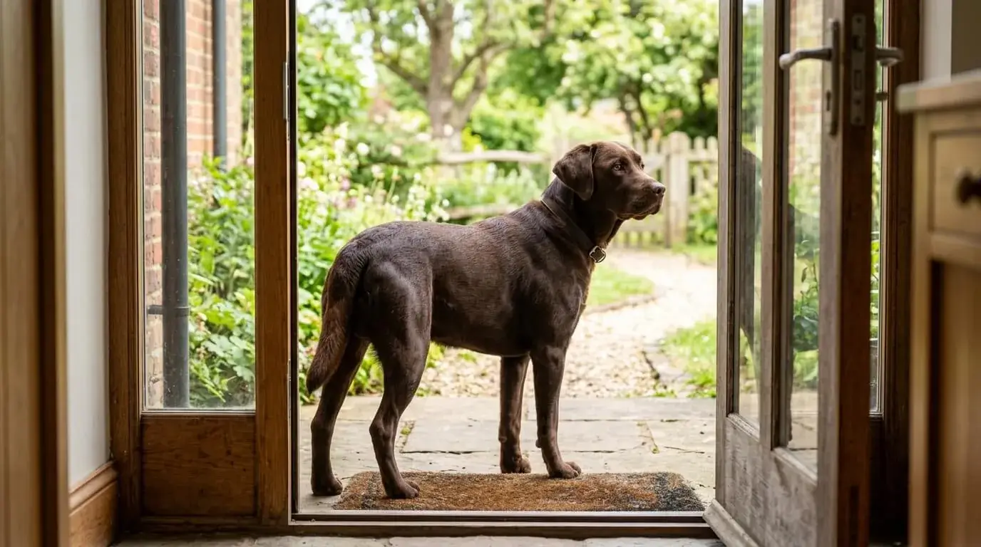 Male chocolate Labrador watching calmly from an open front door
