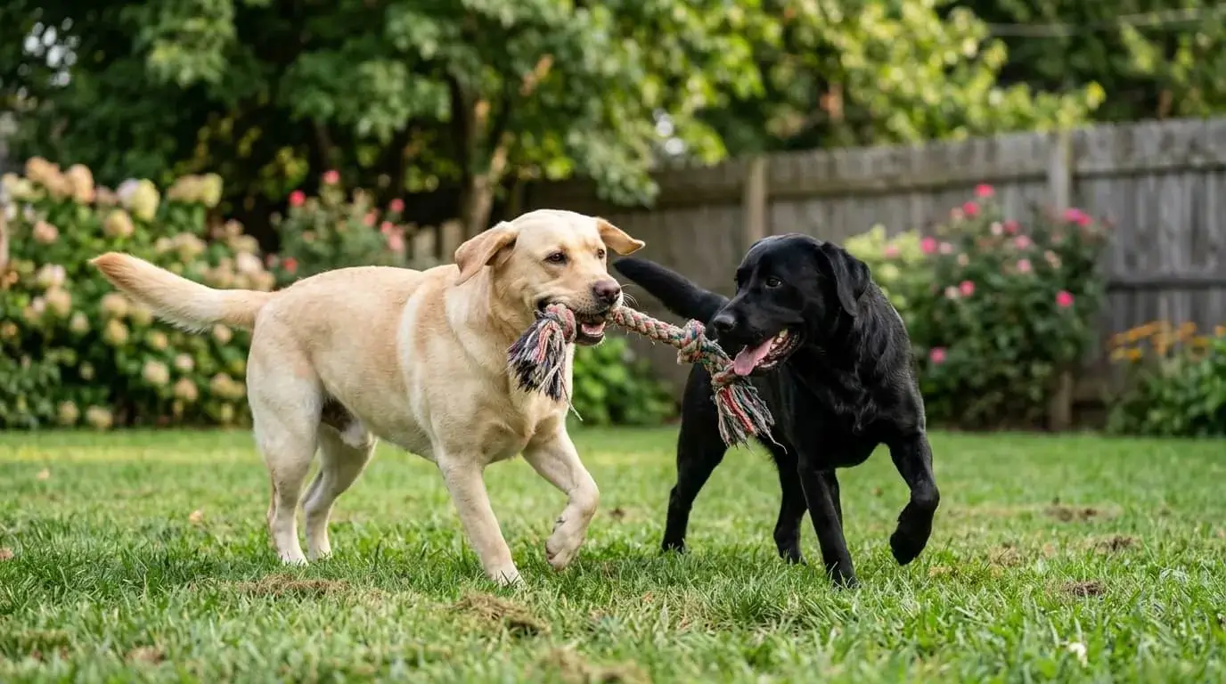 Two Labradors playing together in a backyard