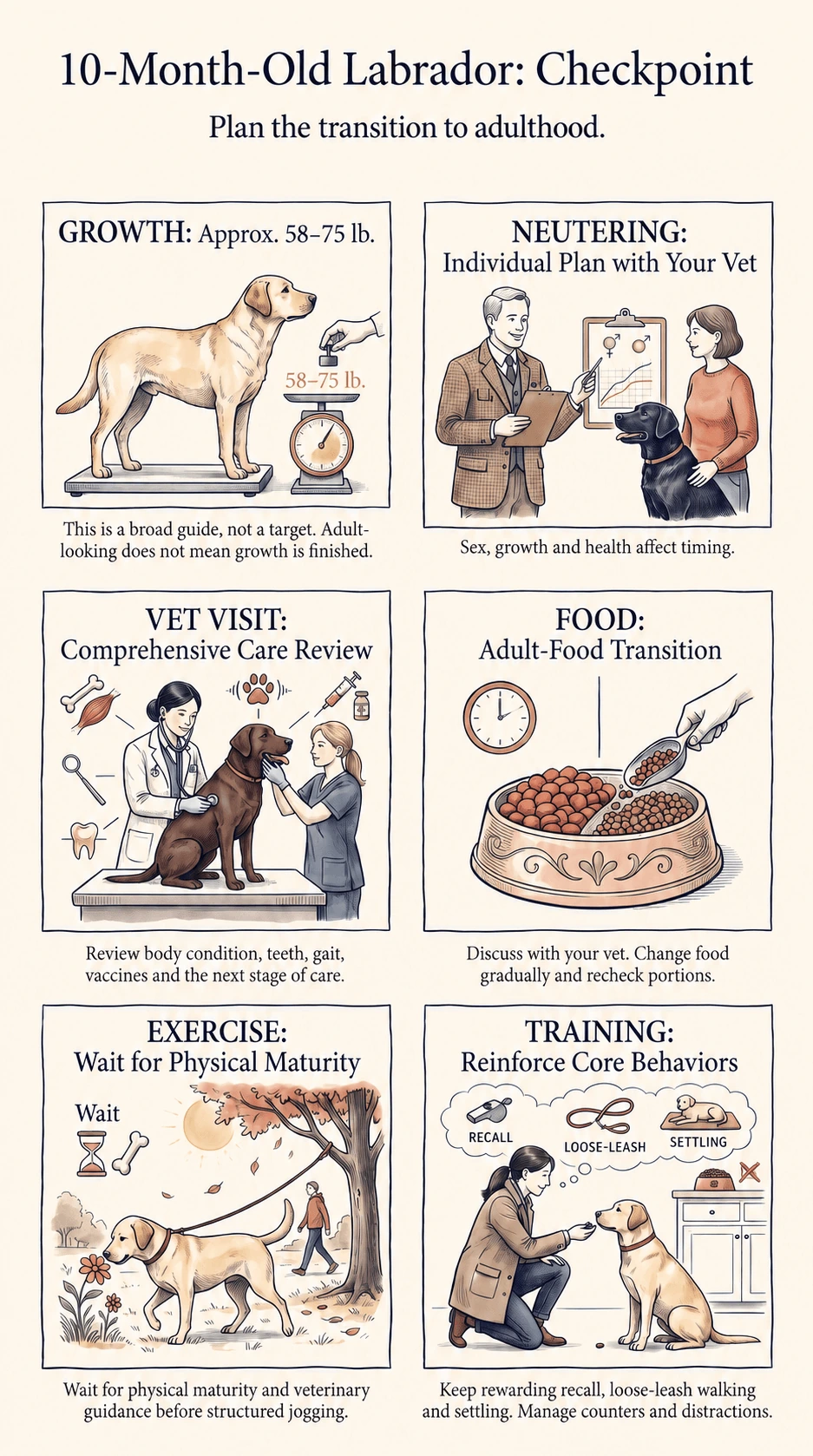 Ten-month Labrador checkpoint covering estimated weight, gradual food changes, training, physical maturity, and individualized veterinary care.